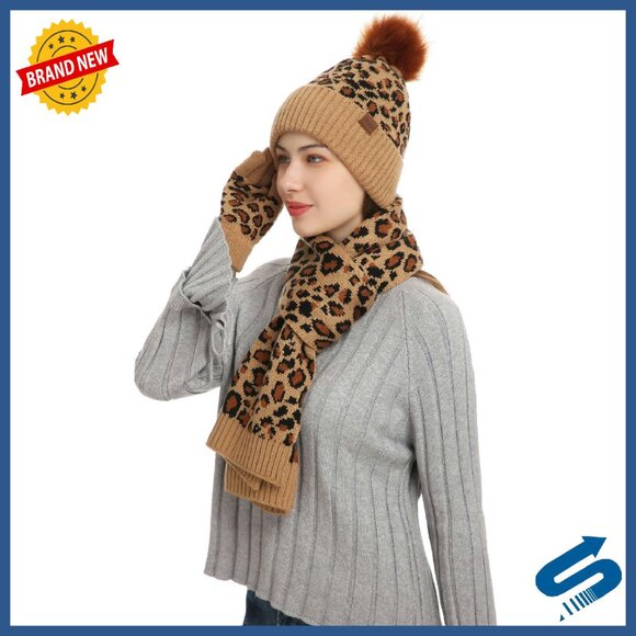 Women's Leopard Knit Winter Set: Beanie Scarf Touchscreen Gloves